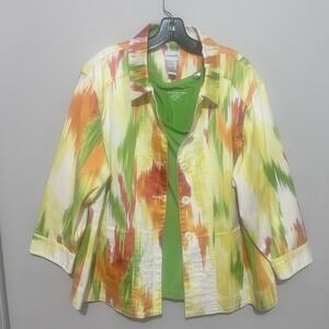 Chico's Size 3 Ikat Print Button Jacket & Green Tank Top Set Cotton Blend XL‎ 16